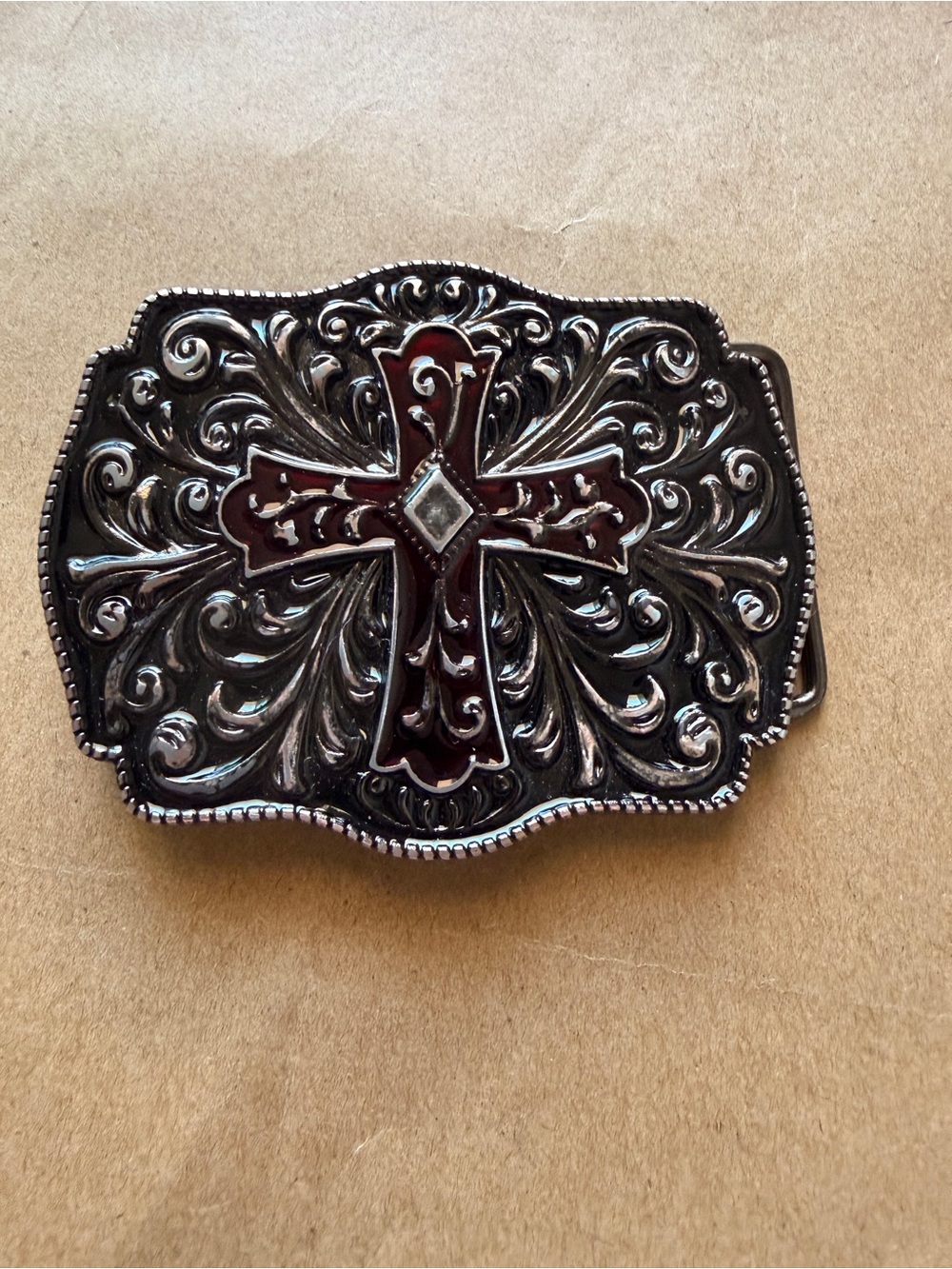 Western Cross Accent Belt Buckle - Red and Silver